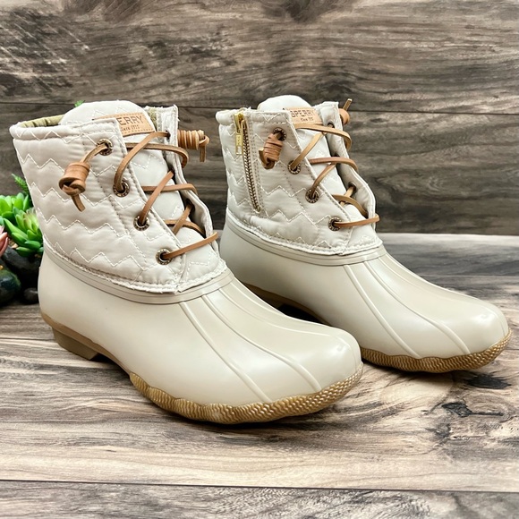 ❌SOLD❌NIB Sperry Top Sider Saltwater Chevron Quilted Shaft Nylon Duck Boot Ivory - Picture 5 of 13